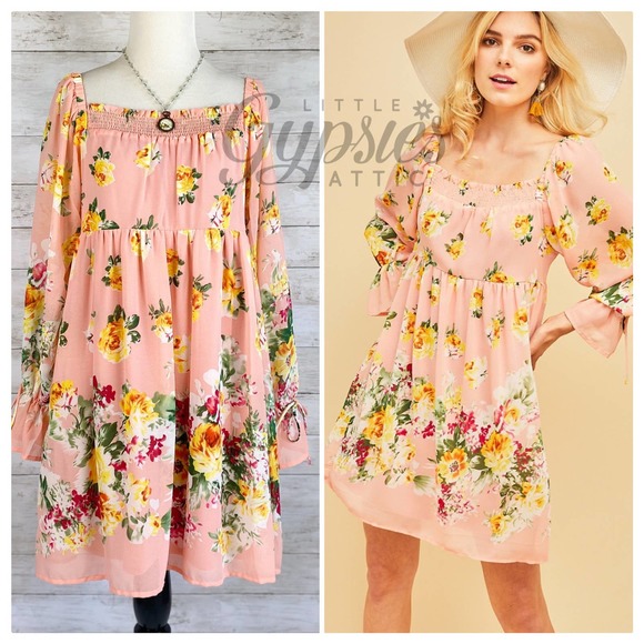 entro Dresses & Skirts - Entro Peach and Yellow Roses Babydoll Dress